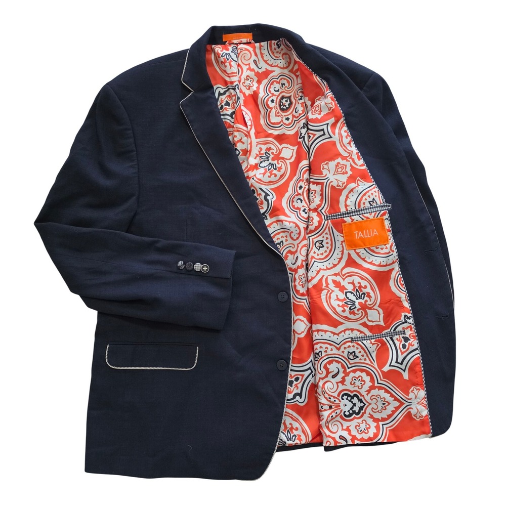 Tallia Mens 52R Navy Blue Blazer Sport Coat Orange Paisley Lining Contrast